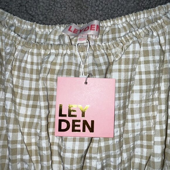 LEYDEN Smocked Boho Mini Peasant Prairie Beige & White Plaid Dress - NWT - L - Picture 15 of 16